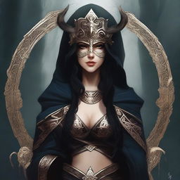 A high-quality digital art image presents the Norse goddess of mischief, characterized by her dark hair, hood, and mask