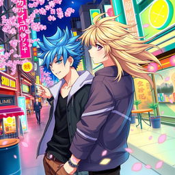 A vibrant and colorful anime-style illustration depicting two handsome male characters secretly glancing at each other with shy smiles