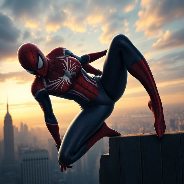 Spider-Man from the movie, depicted in a sexy manner with large breasts and a tiny waist, crawling on a tall building