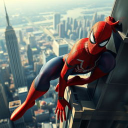 Spider-Man from the movie, depicted in a sexy manner with large breasts and a tiny waist, crawling on a tall building