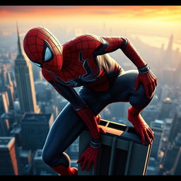 Spider-Man from the movie, depicted in a sexy manner with large breasts and a tiny waist, crawling on a tall building