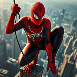 Spider-Man from the movie, depicted in a sexy manner with large breasts and a tiny waist, crawling on a tall building