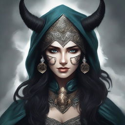 A high-quality digital art image presents the Norse goddess of mischief, characterized by her dark hair, hood, and mask