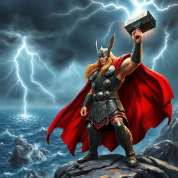 A powerful depiction of Thor, the Norse god of thunder, standing majestically on a rocky cliff overlooking a stormy sea