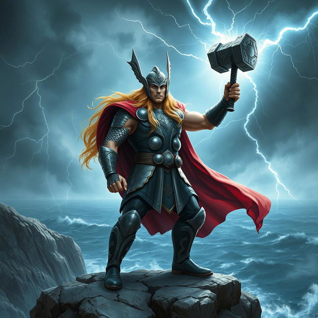 A powerful depiction of Thor, the Norse god of thunder, standing majestically on a rocky cliff overlooking a stormy sea