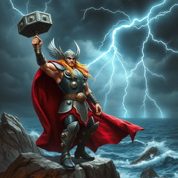 A powerful depiction of Thor, the Norse god of thunder, standing majestically on a rocky cliff overlooking a stormy sea