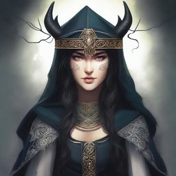 A high-quality digital art image presents the Norse goddess of mischief, characterized by her dark hair, hood, and mask