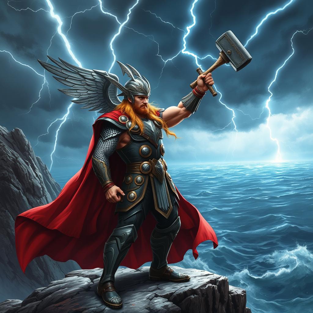 A powerful depiction of Thor, the Norse god of thunder, standing majestically on a rocky cliff overlooking a stormy sea