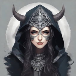 A high-quality digital art image presents the Norse goddess of mischief, characterized by her dark hair, hood, and mask