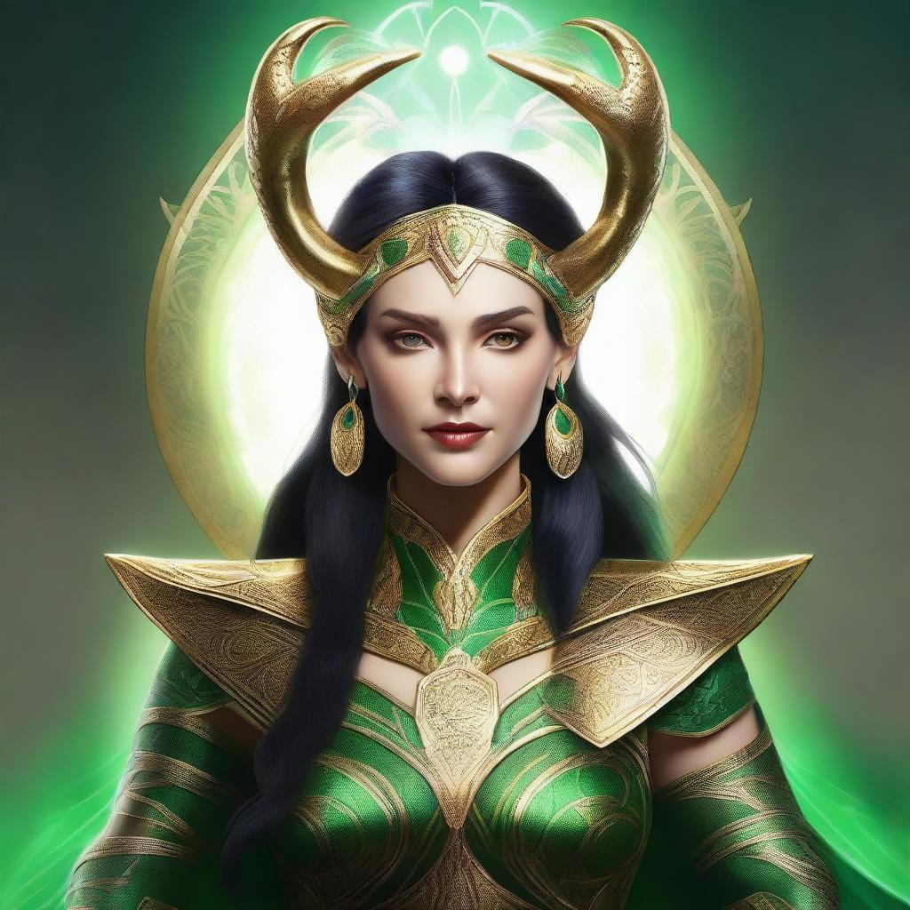 This is a high-quality digital art image of a female version of the god Loki