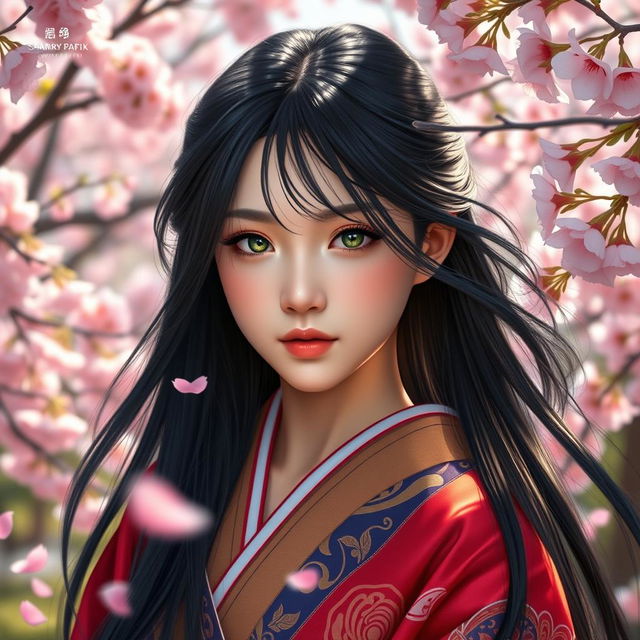 A striking portrait of a young woman named Aya, with long, flowing black hair and piercing green eyes