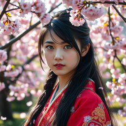 A striking portrait of a young woman named Aya, with long, flowing black hair and piercing green eyes