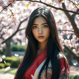 A striking portrait of a young woman named Aya, with long, flowing black hair and piercing green eyes