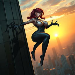 A voluptuous and sexy spider-themed character with oversized breasts and a tiny waist, crawling on a tall skyscraper