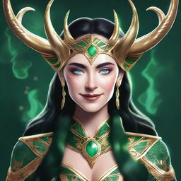 This is a high-quality digital art image of a female version of the god Loki