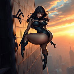 A voluptuous and sexy spider-themed character with oversized breasts and a tiny waist, crawling on a tall skyscraper