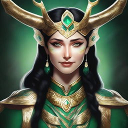 This is a high-quality digital art image of a female version of the god Loki