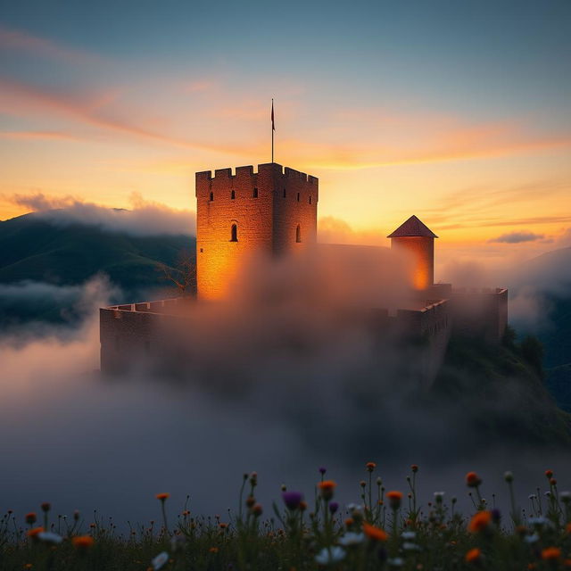 A stunning high-quality wallpaper of Babak Castle, illuminated by the warm colors of the evening sky, surrounded by a mystical atmosphere of fog