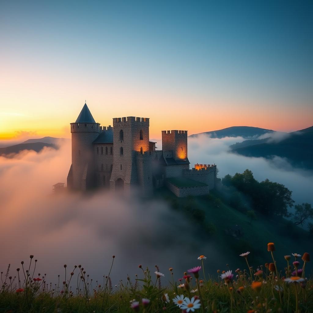 A stunning high-quality wallpaper of Babak Castle, illuminated by the warm colors of the evening sky, surrounded by a mystical atmosphere of fog