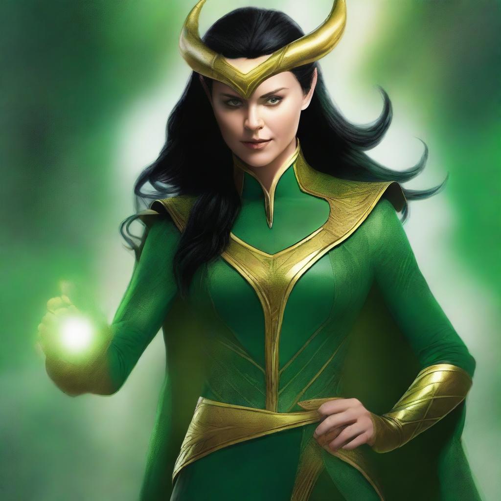 This high-quality digital art image depicts a female version of the god Loki as seen in the Marvel Cinematic Universe