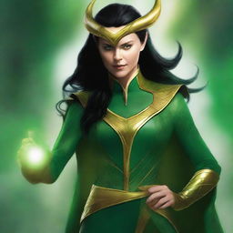 This high-quality digital art image depicts a female version of the god Loki as seen in the Marvel Cinematic Universe