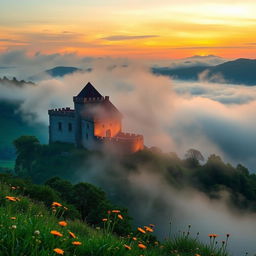 A stunning high-quality wallpaper of Babak Castle, illuminated by the warm colors of the evening sky, surrounded by a mystical atmosphere of fog