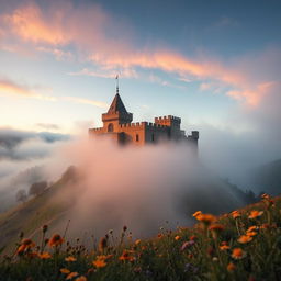 A stunning high-quality wallpaper of Babak Castle, illuminated by the warm colors of the evening sky, surrounded by a mystical atmosphere of fog