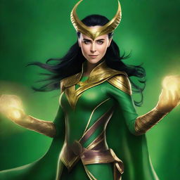 This high-quality digital art image depicts a female version of the god Loki as seen in the Marvel Cinematic Universe