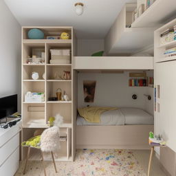 Compact 3x4 room with a cozy bunk bed, under which is a versatile study and work area. The space also includes a television, comfortable sofa, extra wardrobes, and a variety of books