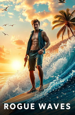 A high-energy, cinematic beach scene featuring Rafe Cameron, a character known for his adventurous spirit and charm
