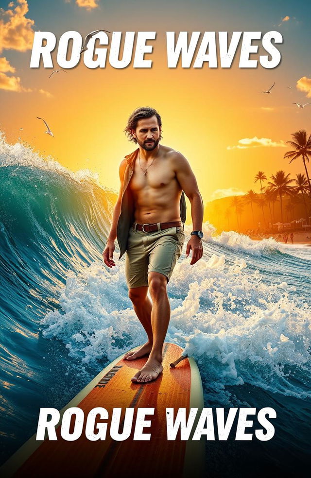 A high-energy, cinematic beach scene featuring Rafe Cameron, a character known for his adventurous spirit and charm