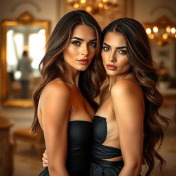 A sensual image of two beautiful, confident women standing together in a luxurious setting, surrounded by soft, warm lighting