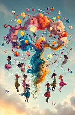 A captivating scene depicting an abstract visualization of people's thoughts swirling around in colorful, vibrant wisps