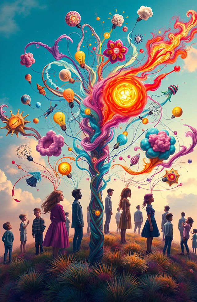 A captivating scene depicting an abstract visualization of people's thoughts swirling around in colorful, vibrant wisps