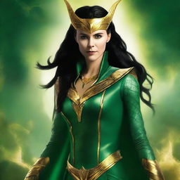 This high-quality digital art image depicts a female version of the god Loki as seen in the Marvel Cinematic Universe