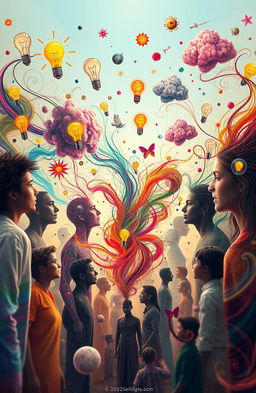 A captivating scene depicting an abstract visualization of people's thoughts swirling around in colorful, vibrant wisps