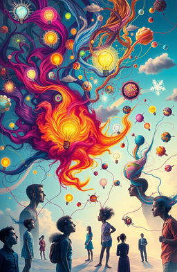 A captivating scene depicting an abstract visualization of people's thoughts swirling around in colorful, vibrant wisps