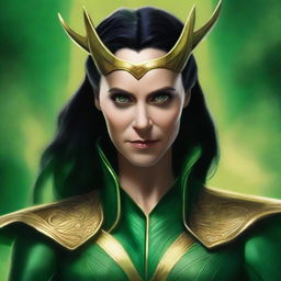 This high-quality digital art image depicts a female version of the god Loki as seen in the Marvel Cinematic Universe