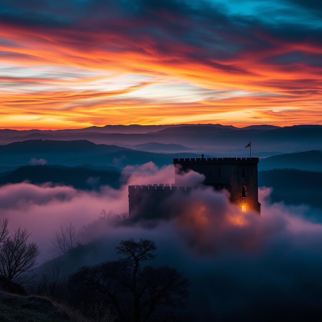 A breathtaking high-quality wallpaper depicting Babak Castle during the evening, enveloped in a mystical fog