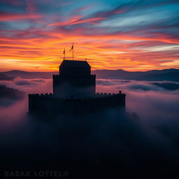 A breathtaking high-quality wallpaper depicting Babak Castle during the evening, enveloped in a mystical fog