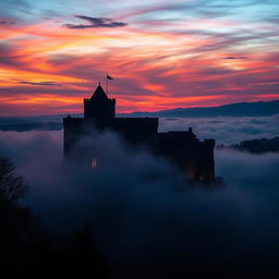 A breathtaking high-quality wallpaper depicting Babak Castle during the evening, enveloped in a mystical fog