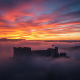 A breathtaking high-quality wallpaper depicting Babak Castle during the evening, enveloped in a mystical fog