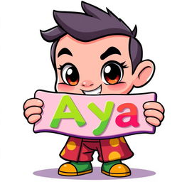 A cartoon character that resembles a classic animated style, holding a sign that says 'Aya'
