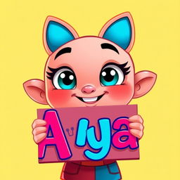 A cartoon character that resembles a classic animated style, holding a sign that says 'Aya'