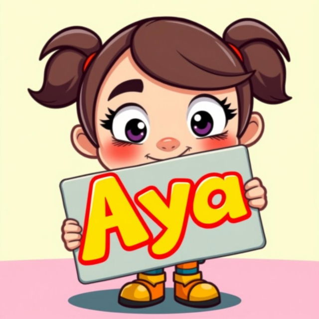 A cartoon character that resembles a classic animated style, holding a sign that says 'Aya'