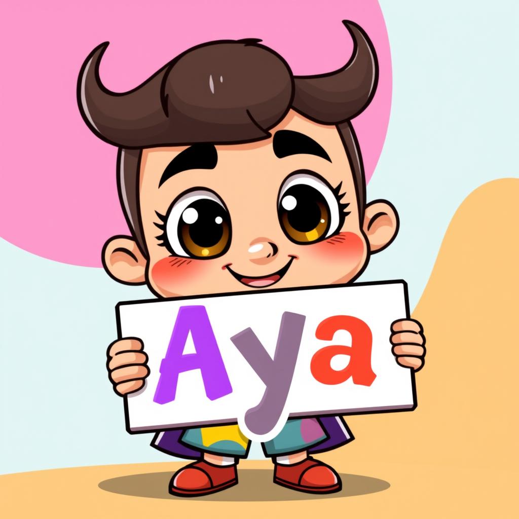 A cartoon character that resembles a classic animated style, holding a sign that says 'Aya'