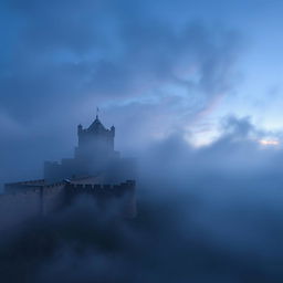 A high-quality wallpaper of Babak Castle at evening, surrounded by a mystical fog