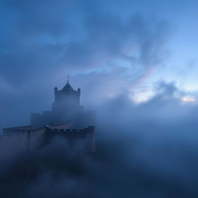 A high-quality wallpaper of Babak Castle at evening, surrounded by a mystical fog