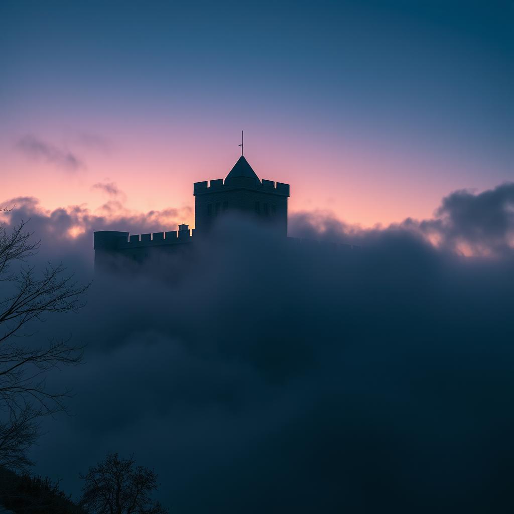 A high-quality wallpaper of Babak Castle at evening, surrounded by a mystical fog