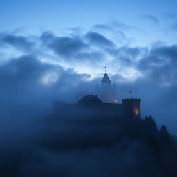 A high-quality wallpaper of Babak Castle at evening, surrounded by a mystical fog